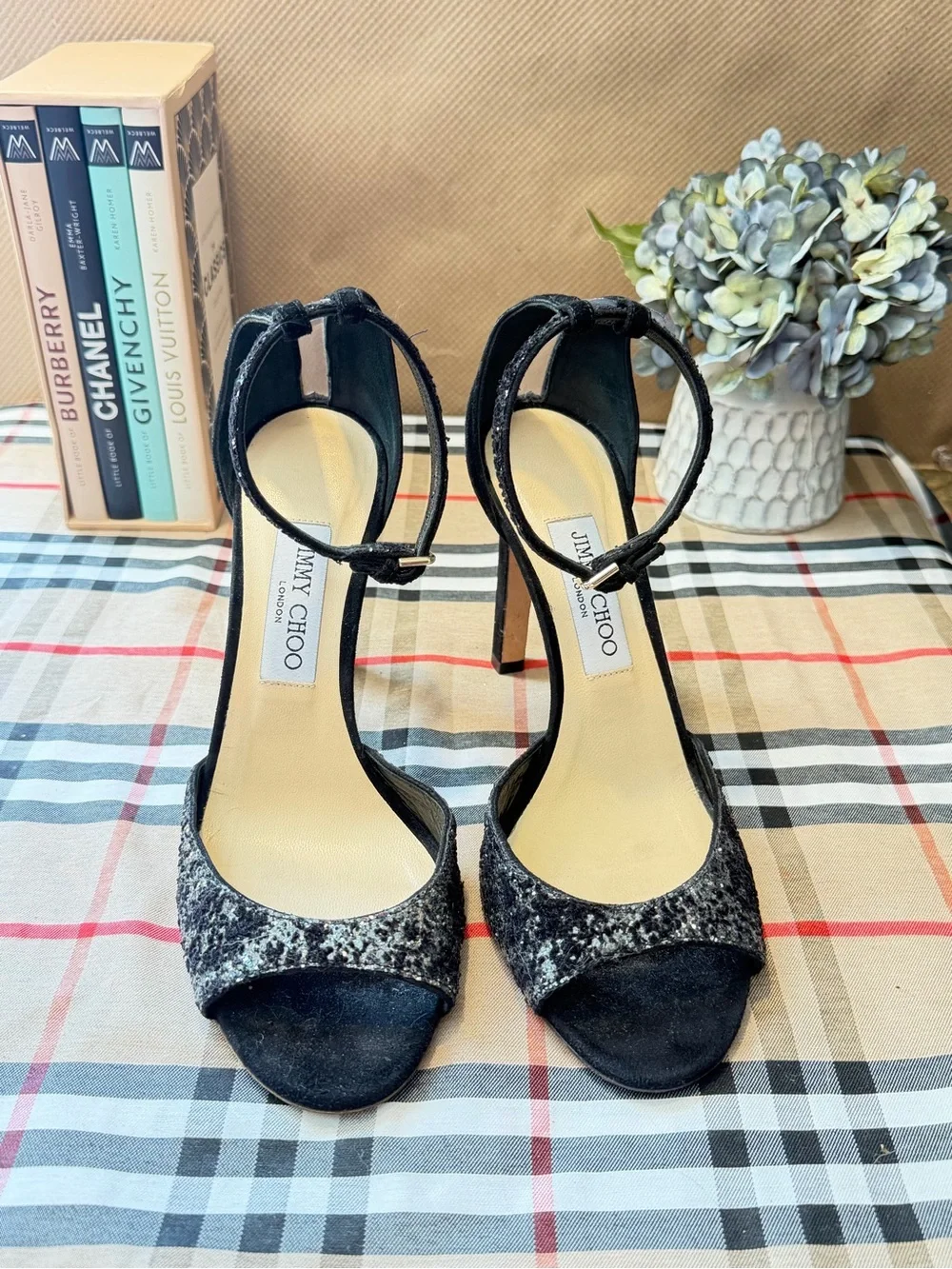 Jimmy Choo Black Glitter Ankle-Strap Stiletto Heels
